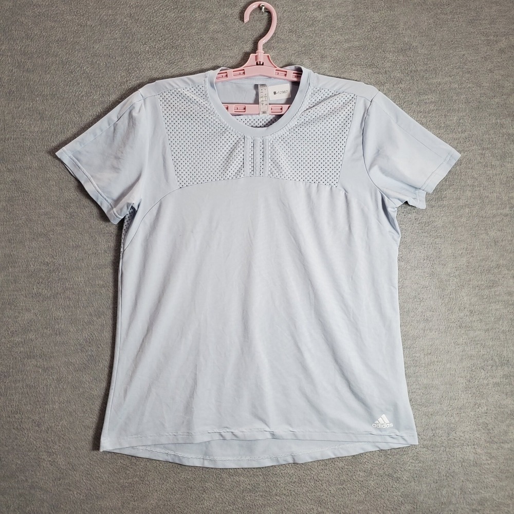 Adidas x Zoe Saldana Women Activewear Top Large Blue Halo Mesh Shirt Logo
